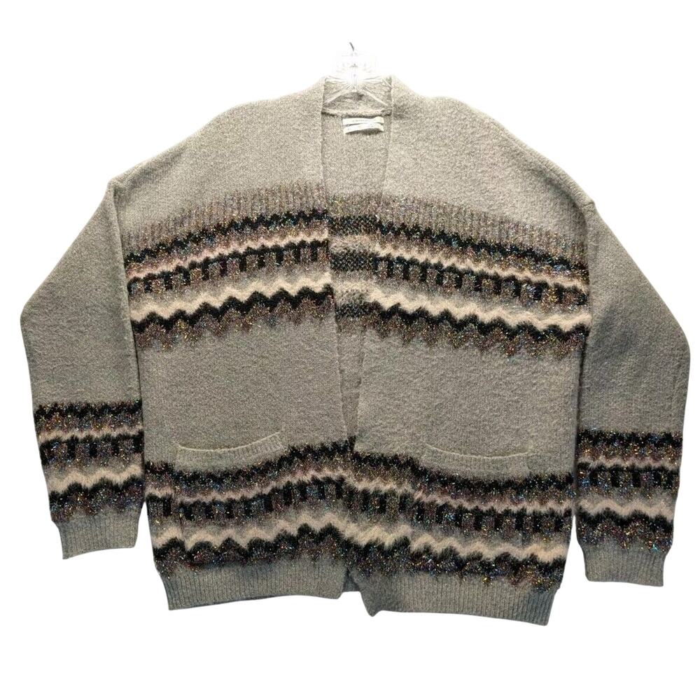 Anthropologie Rosie Zig-Zag Shimmer Small Gray Black Open Front Cardigan Sweater